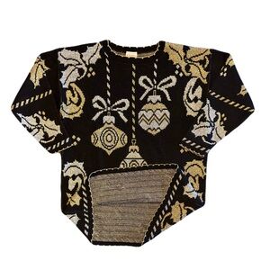 Vintage HOLIDAY TIME Black & Metallic Silver Gold Ornament Sweater Medium